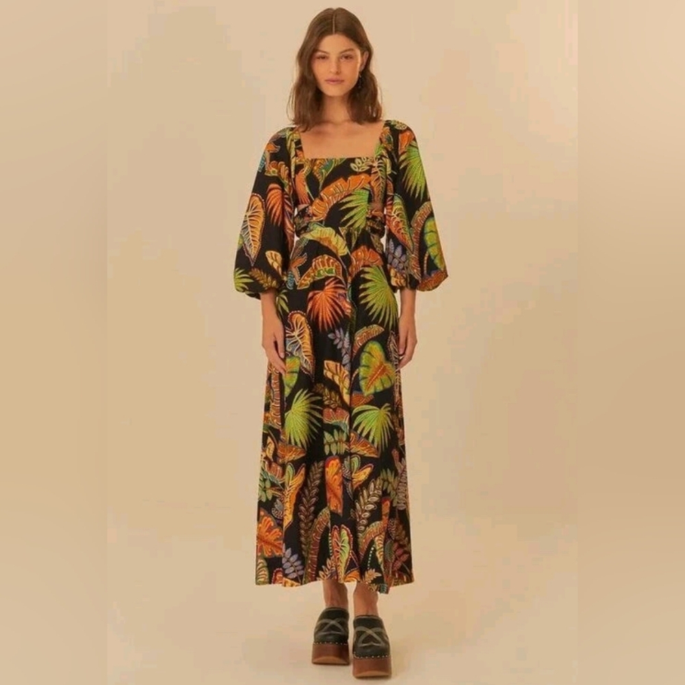 Farm Rio cool foliage leaves maxi dress, XS